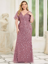 Load image into Gallery viewer, Color=Orchid | Fashion Plus Size V Neck Mermaid Wholesale Sequin &amp; Tulle Dress-Orchid 1