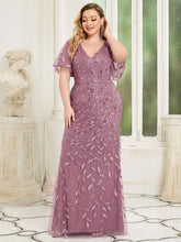 Load image into Gallery viewer, Color=Orchid | Fashion Plus Size V Neck Mermaid Wholesale Sequin &amp; Tulle Dress-Orchid 2