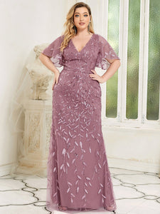 Color=Orchid | Fashion Plus Size V Neck Mermaid Wholesale Sequin & Tulle Dress-Orchid 3
