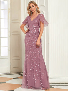Color=Orchid | Gorgeous V Neck Leaf-Sequined Fishtail Wholesale Party Dress-Orchid 4