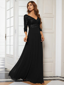 Sexy V Neck A-Line Sequin Wholesale Evening Dresses With 3/4 Sleeve