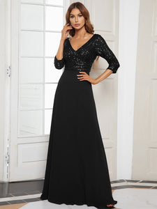 Sexy V Neck A-Line Sequin Wholesale Evening Dresses With 3/4 Sleeve