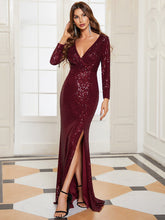 Load image into Gallery viewer, Color=Burgundy | Long Sleeve Shiny Prom Dresses With Side Split Ep00824-Burgundy 1