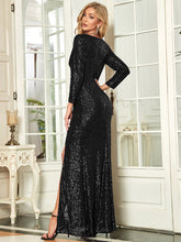 Load image into Gallery viewer, Color=Black | Long Sleeve Shiny Prom Dresses With Side Split Ep00824-Black 2