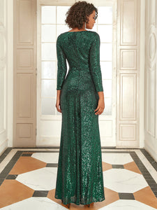 Color=Dark Green | Long Sleeve Shiny Prom Dresses With Side Split Ep00824-Dark Green 5