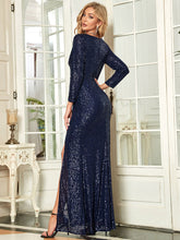 Load image into Gallery viewer, Color=Navy Blue | Long Sleeve Shiny Prom Dresses With Side Split Ep00824-Navy Blue 2