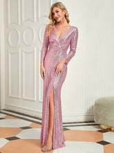 Load image into Gallery viewer, Color=Orchid | Long Sleeve Shiny Prom Dresses With Side Split Ep00824-Orchid 4