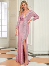 Load image into Gallery viewer, Color=Orchid | Long Sleeve Shiny Prom Dresses With Side Split Ep00824-Orchid 1