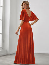 Load image into Gallery viewer, Color=Burnt Orange | Elegant Double V Neck Velvet Party Dress-Burnt Orange 2