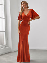 Load image into Gallery viewer, Color=Burnt Orange | Elegant Double V Neck Velvet Party Dress-Burnt Orange 5