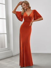 Load image into Gallery viewer, Color=Burnt Orange | Elegant Double V Neck Velvet Party Dress-Burnt Orange 3