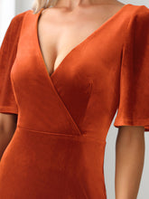 Load image into Gallery viewer, Color=Burnt Orange | Elegant Double V Neck Velvet Party Dress-Burnt Orange 4