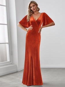 Color=Burnt Orange | Elegant Double V Neck Velvet Party Dress-Burnt Orange 1