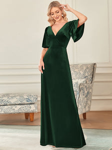 Color=Dark Green | Elegant Double V Neck Velvet Party Dress-Dark Green 1