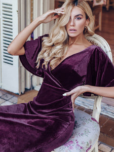 Color=Dark Purple | Elegant Double V Neck Velvet Party Dress-Dark Purple 3