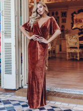 Load image into Gallery viewer, Color=Brick Red | Elegant Double V Neck Velvet Party Dress-Brick Red 1