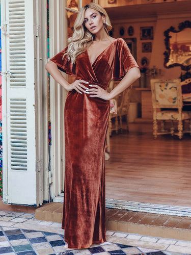 Color=Brick Red | Elegant Double V Neck Velvet Party Dress-Brick Red 1