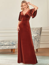 Load image into Gallery viewer, Color=Brick Red | Elegant Double V Neck Velvet Party Dress-Brick Red 4