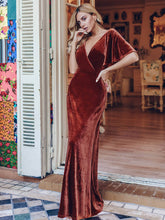 Load image into Gallery viewer, Color=Brick Red | Elegant Double V Neck Velvet Party Dress-Brick Red 3