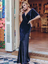 Load image into Gallery viewer, Color=Navy Blue | Elegant Double V Neck Velvet Party Dress-Navy Blue 1