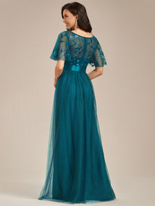 Sequin Print Floor-length Evening Dresses with Cap Sleeve