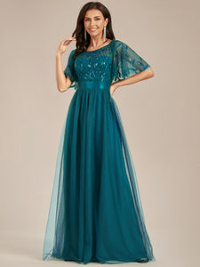 Sequin Print Floor-length Evening Dresses with Cap Sleeve