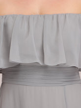 Load image into Gallery viewer, Color=Grey | A-Line Off Shoulder Ruffle Thigh Split Bridesmaid Dress-Grey 5