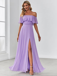 Color=Lavender | A-Line Off Shoulder Ruffle Thigh Split Bridesmaid Dress-Lavender 1