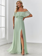 Load image into Gallery viewer, Color=Mint Green | A-Line Off Shoulder Ruffle Thigh Split Bridesmaid Dress-Mint Green 1