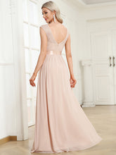 Load image into Gallery viewer, Color=Blush | Wholesale V Back Belted Lace &amp; Chiffon Bridesmaid Dresses-Blush 1