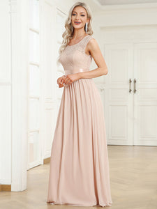 Color=Blush | Wholesale V Back Belted Lace & Chiffon Bridesmaid Dresses-Blush 1