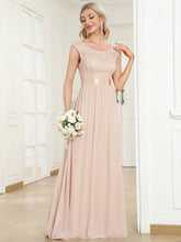 Load image into Gallery viewer, Color=Blush | Wholesale V Back Belted Lace &amp; Chiffon Bridesmaid Dresses-Blush 1