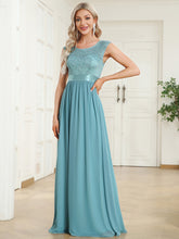 Load image into Gallery viewer, Color=Dusty Blue | Wholesale V Back Belted Lace &amp; Chiffon Bridesmaid Dresses-Dusty Blue 1