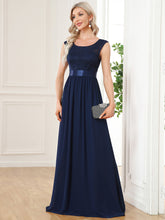 Load image into Gallery viewer, Color=Navy Blue | Wholesale V Back Belted Lace &amp; Chiffon Bridesmaid Dresses-Navy Blue 1