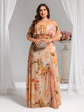 Load image into Gallery viewer, Color=Peach Fuzz | womens-a-line-off-shoulder-ruffle-thigh-split-bridesmaid-dresses-es00969-2-Peach Fuzz 100