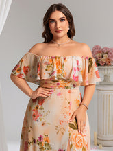 Load image into Gallery viewer, Color=Peach Fuzz | womens-a-line-off-shoulder-ruffle-thigh-split-bridesmaid-dresses-es00969-2-Peach Fuzz 98