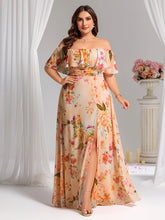 Load image into Gallery viewer, Color=Peach Fuzz | womens-a-line-off-shoulder-ruffle-thigh-split-bridesmaid-dresses-es00969-2-Peach Fuzz 96