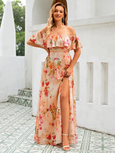 Load image into Gallery viewer, Off Shoulder Ruffle Thigh Split Wholesale Bridesmaid Dresses