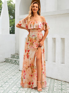 Off Shoulder Ruffle Thigh Split Wholesale Bridesmaid Dresses