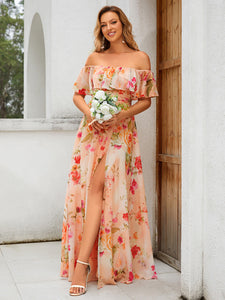Off Shoulder Ruffle Thigh Split Wholesale Bridesmaid Dresses