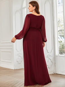 Color=Burgundy | Round Neck Wholesale Bridesmaid Dresses with Long Lantern Sleeves-Burgundy 2