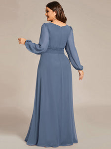 Color=Dusty Blue | Round Neck Wholesale Bridesmaid Dresses with Long Lantern Sleeves-Dusty Blue 3