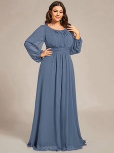 Color=Dusty Blue | Round Neck Wholesale Bridesmaid Dresses with Long Lantern Sleeves-Dusty Blue 2