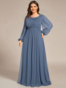 Color=Dusty Blue | Round Neck Wholesale Bridesmaid Dresses with Long Lantern Sleeves-Dusty Blue 1