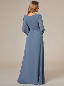 Color=Dusty Blue | Round Neck Wholesale Bridesmaid Dresses with Long Lantern Sleeves-Dusty Blue 2