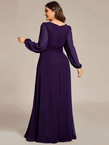 Color=Dark Purple | Round Neck Wholesale Bridesmaid Dresses with Long Lantern Sleeves-Dark Purple 2