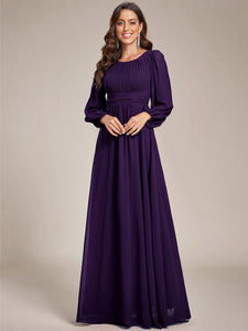 Color=Dark Purple | Round Neck Wholesale Bridesmaid Dresses with Long Lantern Sleeves-Dark Purple 1