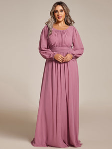 Color=Orchid | Round Neck Wholesale Bridesmaid Dresses with Long Lantern Sleeves-Orchid 3