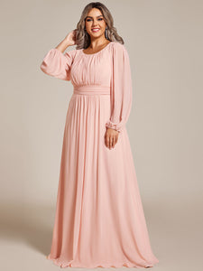 Color=Pink | Round Neck Wholesale Bridesmaid Dresses with Long Lantern Sleeves-Pink 1