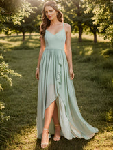 Load image into Gallery viewer, Color=Mint Green | Spaghetti Straps Slit A-Line Wholesale Chiffon Bridesmaid Dress With Ruffle Detail-Mint Green 1